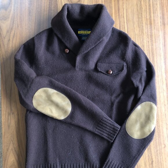 Rugby Ralph Lauren Other - Rugby Ralph Lauren Wool Sweater Small Brown Shawl Collar Elbow Patches